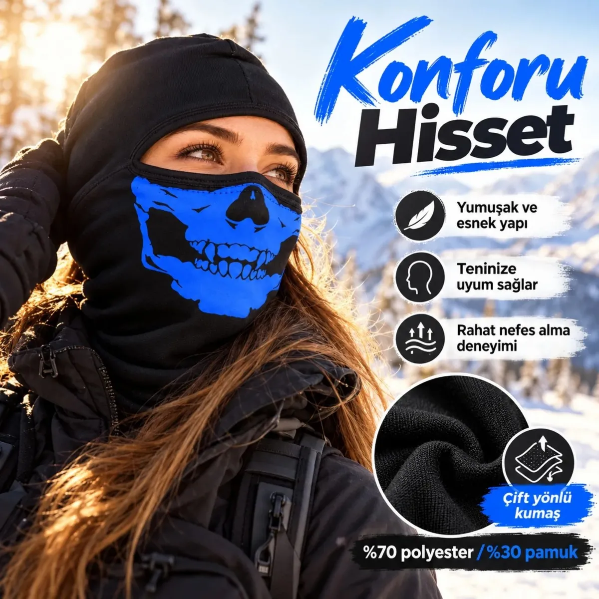 Unisex Mavi Kurukafa Desenli Balaklava Kar Maskesi | Siyah Tam Kafa Motorcu Boyunluk ve Yüz Maskesi! görseli
