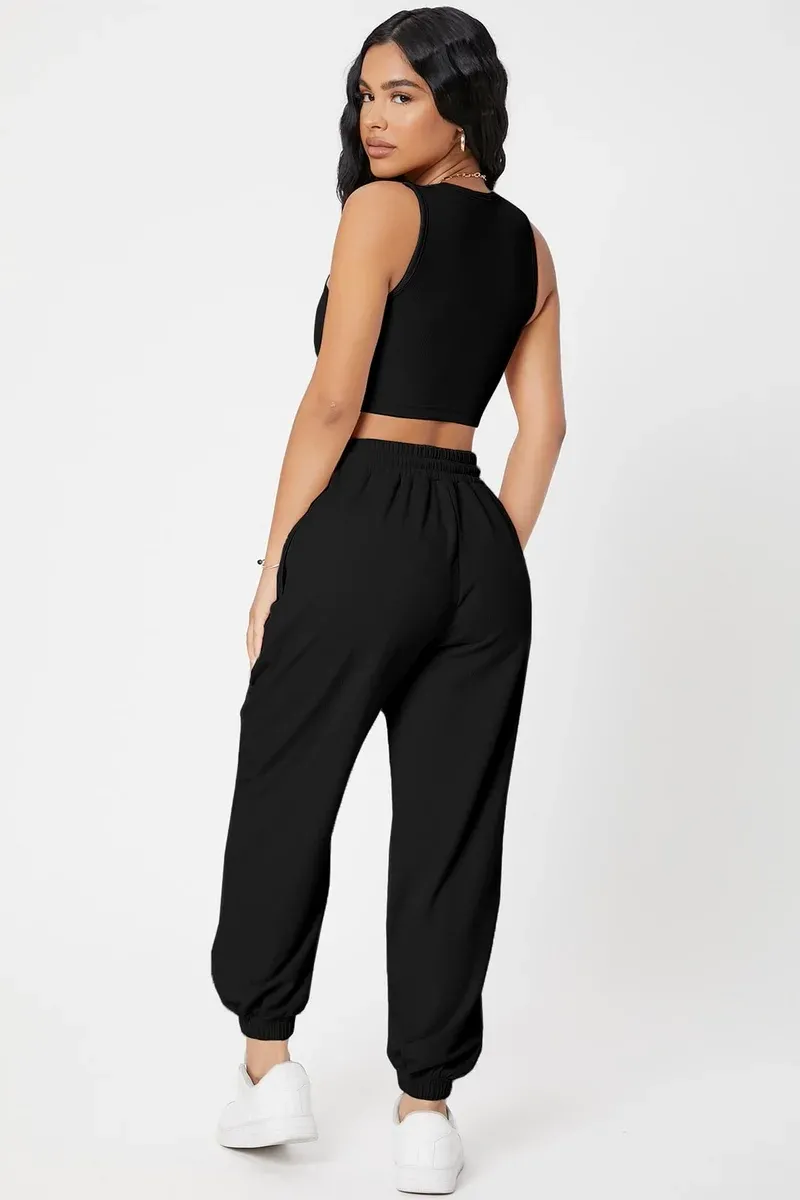 Kadın Siyah Kaşkorse Cepli Jogger Eşofman Altı ve Crop Top Bluz görseli