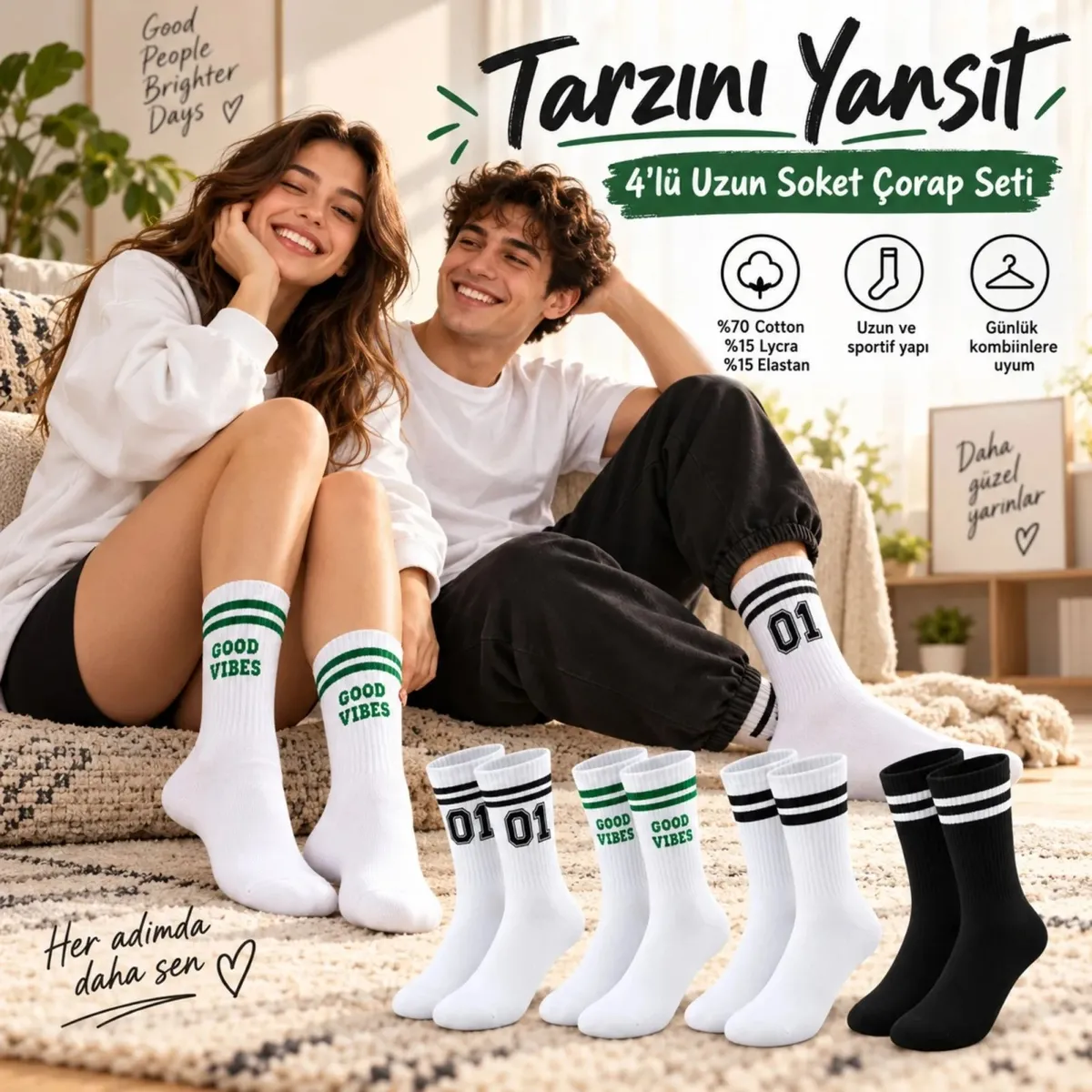 Unisex Çorap Çizgili 4'lü Set 07 Good Vibes Yazılı Siyah Beyaz Uzun Soket Spor Kolej Stil Rahat Şık