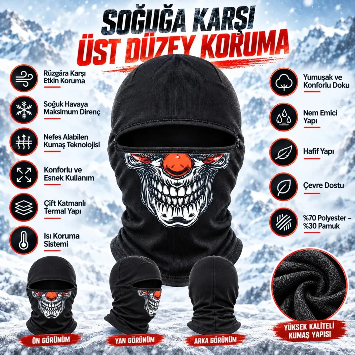 Unisex Şık Palyaço Desenli Balaklava Kışlık Tam Yüz Maske Termal Nefes Alan Esnek Kask Altı Boyunluk görseli