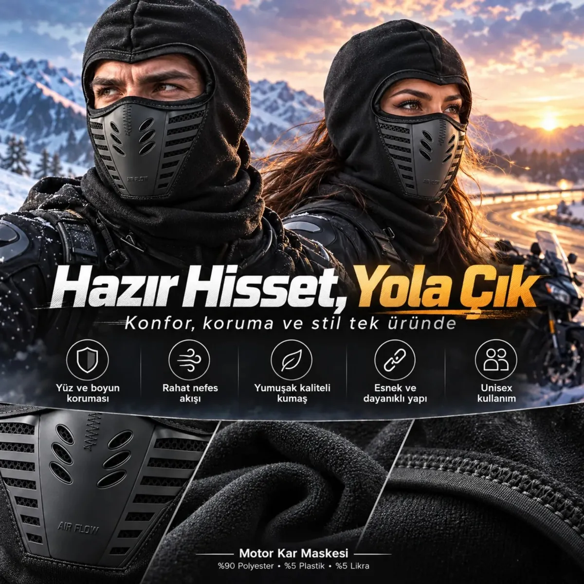 Siyah Balaklava Kar Maskesi | Air Flow Hava Kanallı Yüz Maskeli Tam Kafa Boyunluk Motorcu ve Outdoor görseli