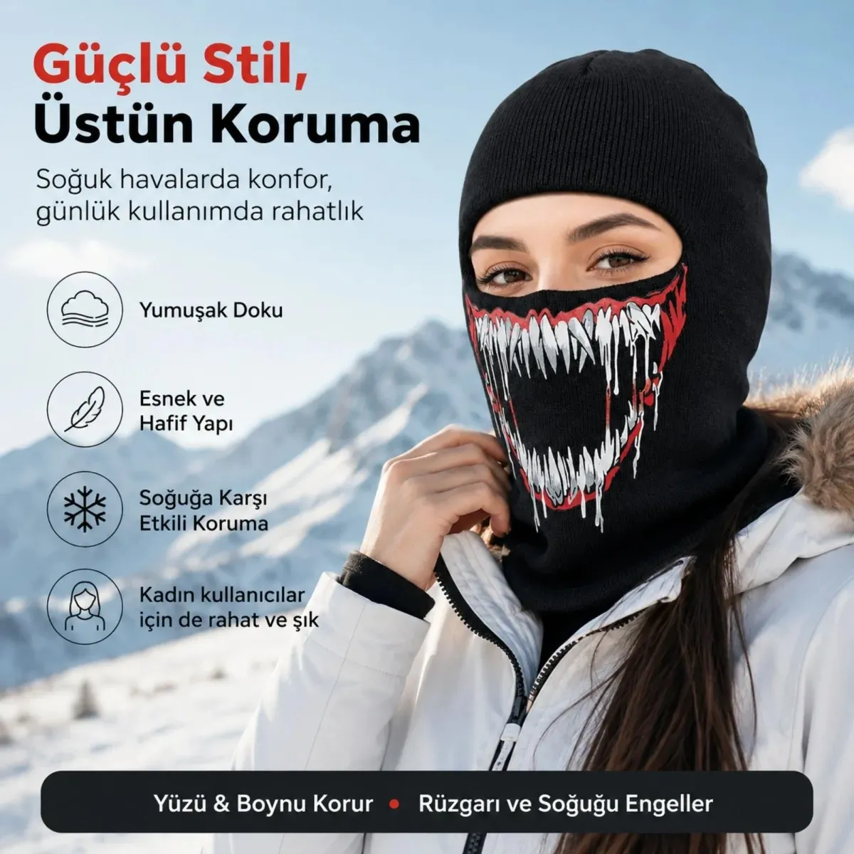 Unisex Canavar Diş Baskılı Balaklava 1 Adet Tek Beden Viskoz Kask İçi Motosiklet Maskesi görseli