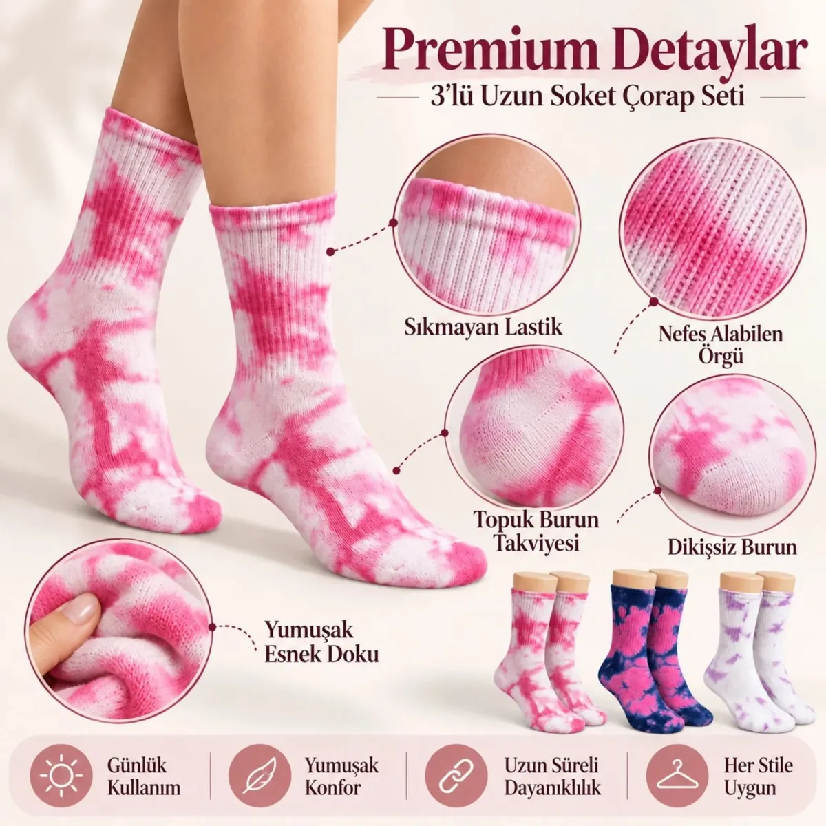 Unisex Batik Desenli Çorap 6'lı Set Pamuklu Renkli Uzun Soket Dikişsiz Nefes Alan Günlük Spor Çorabı görseli