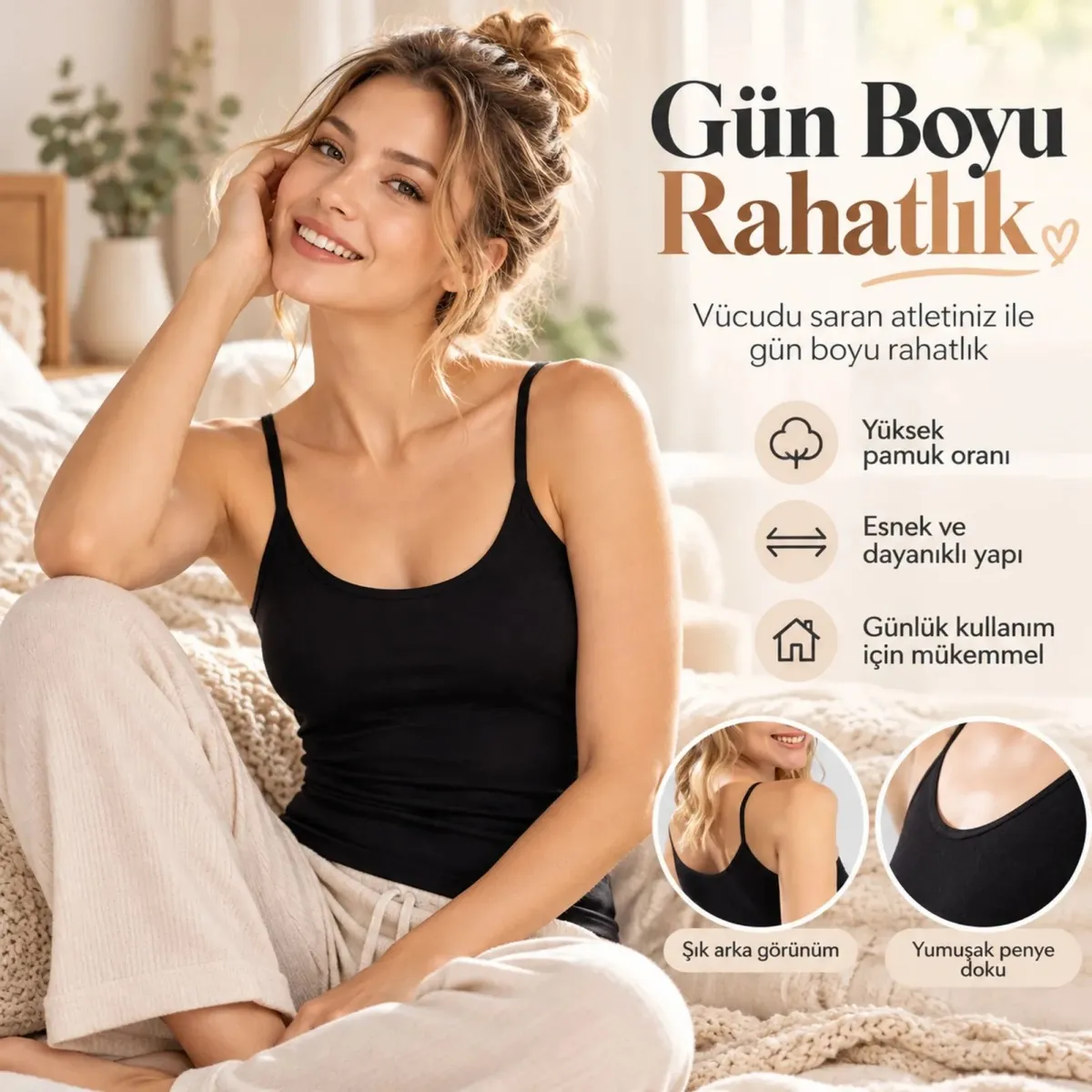 Kadın Pamuklu İnce İp Askılı Derin Oval Yaka Düz Penye Atlet Siyah Beyaz | Günlük Rahatlık ve Şıklık görseli
