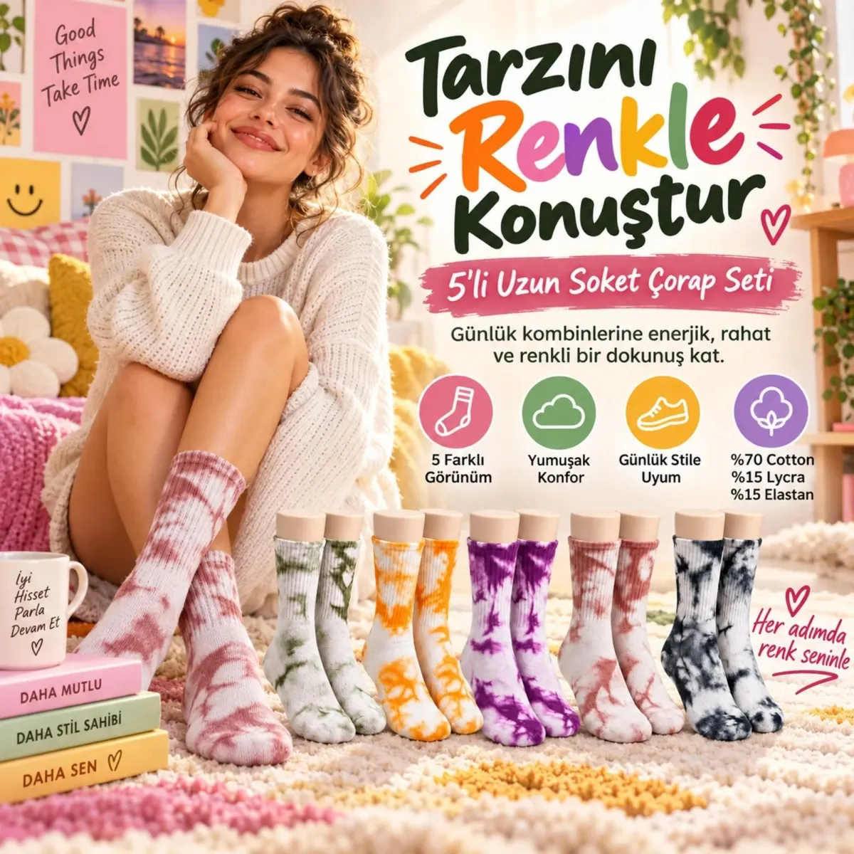Unisex Batik Desenli Çorap 10'lu Renkli Pamuklu Uzun Soket Dikişsiz Nefes Alan Günlük Spor Çorabı görseli