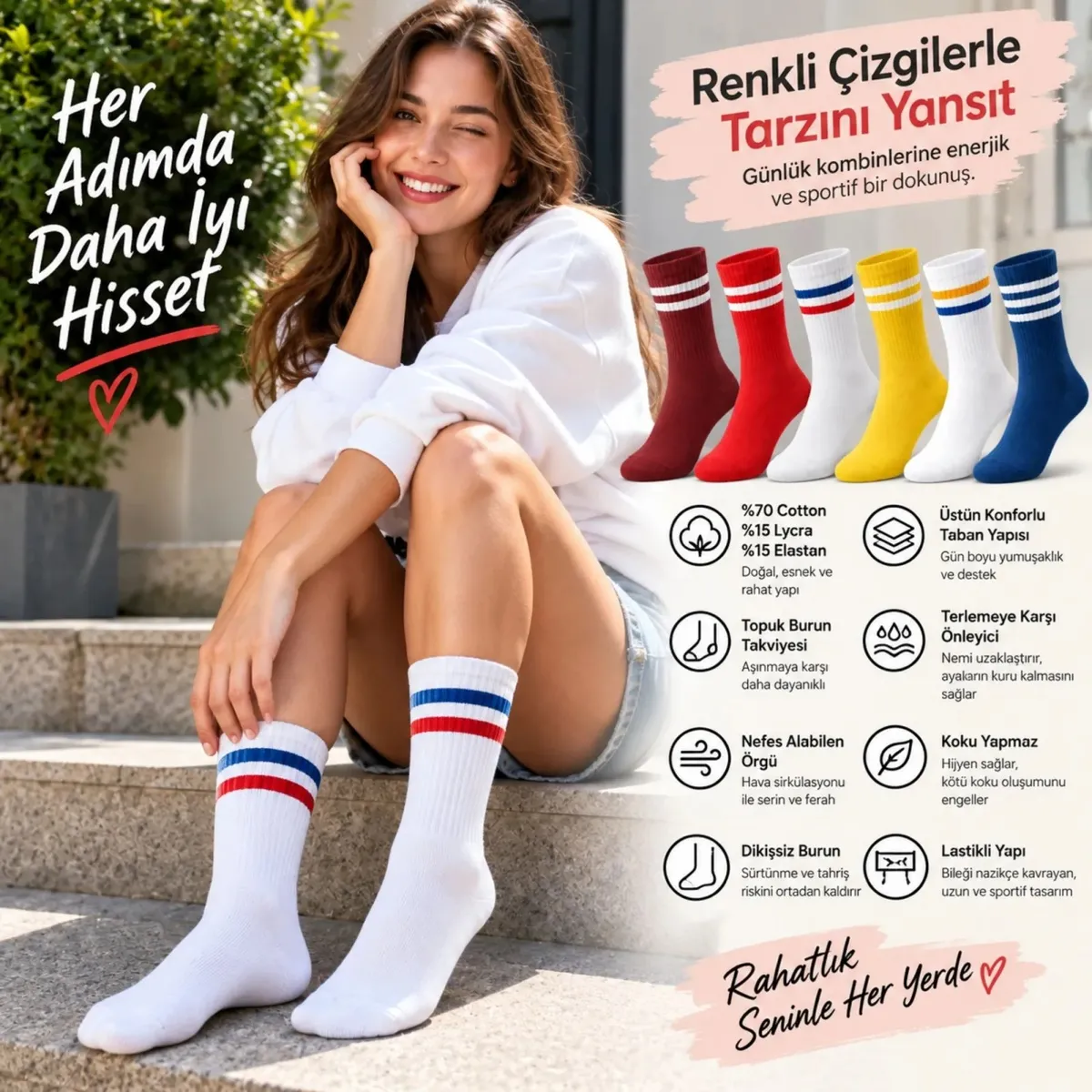Unisex Renkli Çorap Çizgili 12'li Set Uzun Soket Günlük Spor Kolej Stil Rahat Şık Kadın Erkek Çorabı görseli