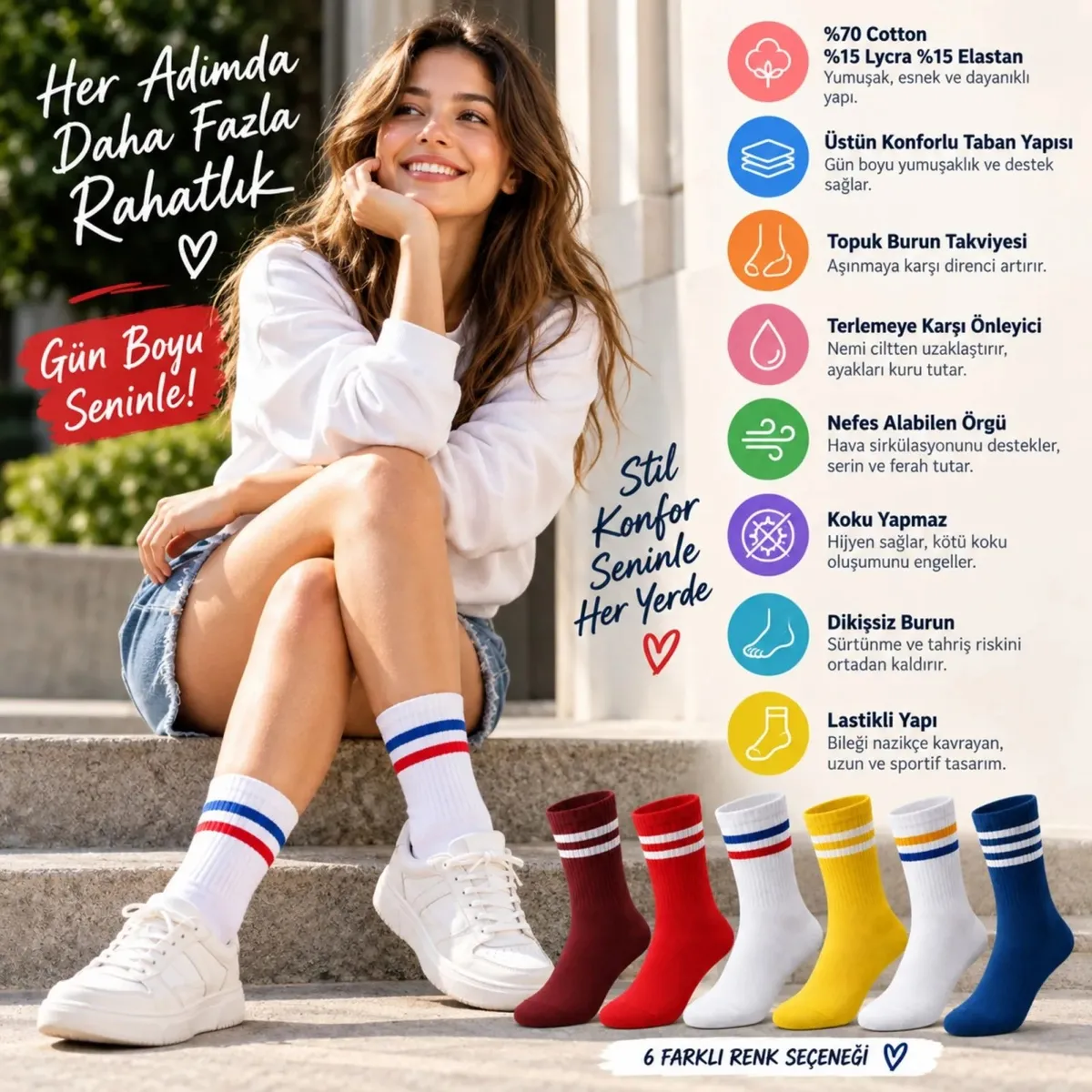 Unisex Renkli Çorap Çizgili 12'li Set Uzun Soket Günlük Spor Kolej Stil Rahat Şık Kadın Erkek Çorabı görseli