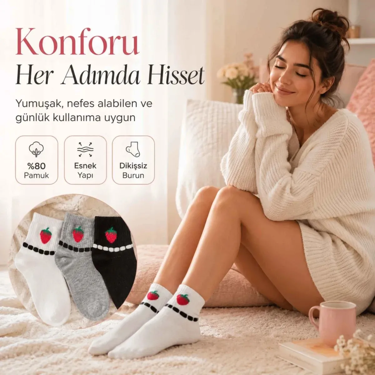 Kadın Çilek Desenli Kısa Konç Çorap 6'lı | %80 Pamuklu Dikişsiz, Siyah Beyaz Gri görseli