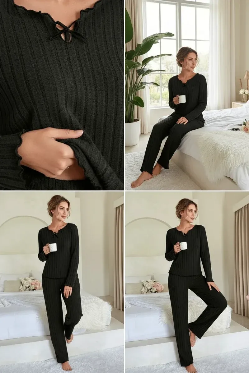 Kadın Siyah Uzun Kollu Fiyonklu Yuvarlak Yaka Mevsimlik Pijama Takımı görseli