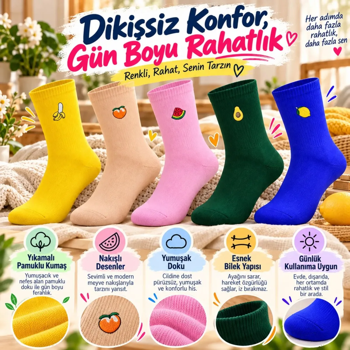 Kadın Meyve Nakışlı Renkli Soket Çorap 5'li Set | Muz Karpuz Avokado Limon Desenli Günlük Şık Çorap!