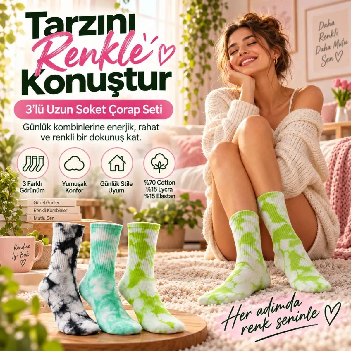 Unisex Batik Desenli Çorap 3'lü Set Renkli Pamuklu Uzun Soket Dikişsiz Nefes Alan Günlük Spor Çorabı görseli