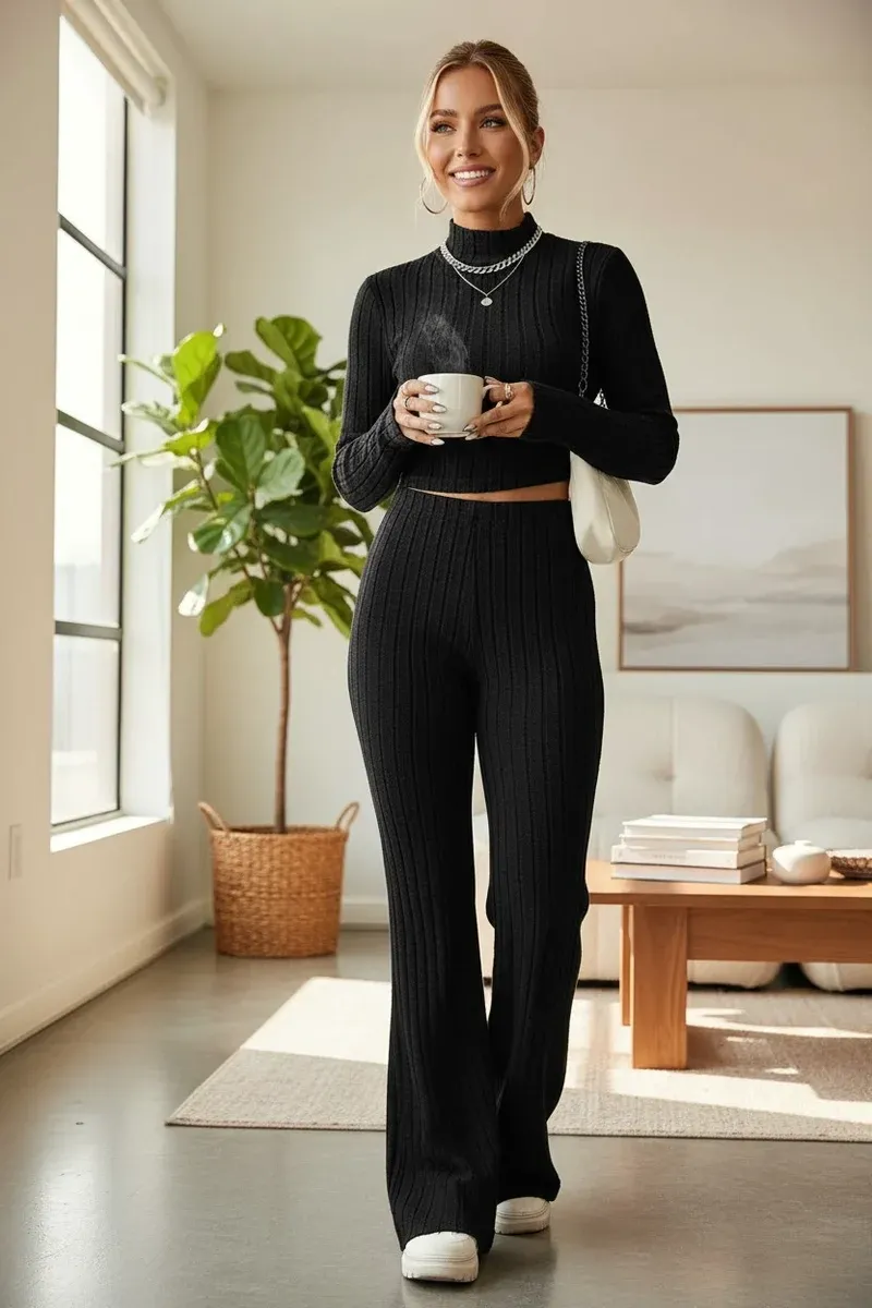 Kadın Siyah Boğazlı Crop Top ve Yüksek Bel Eşofman Takımı Spor Şık Kombin görseli