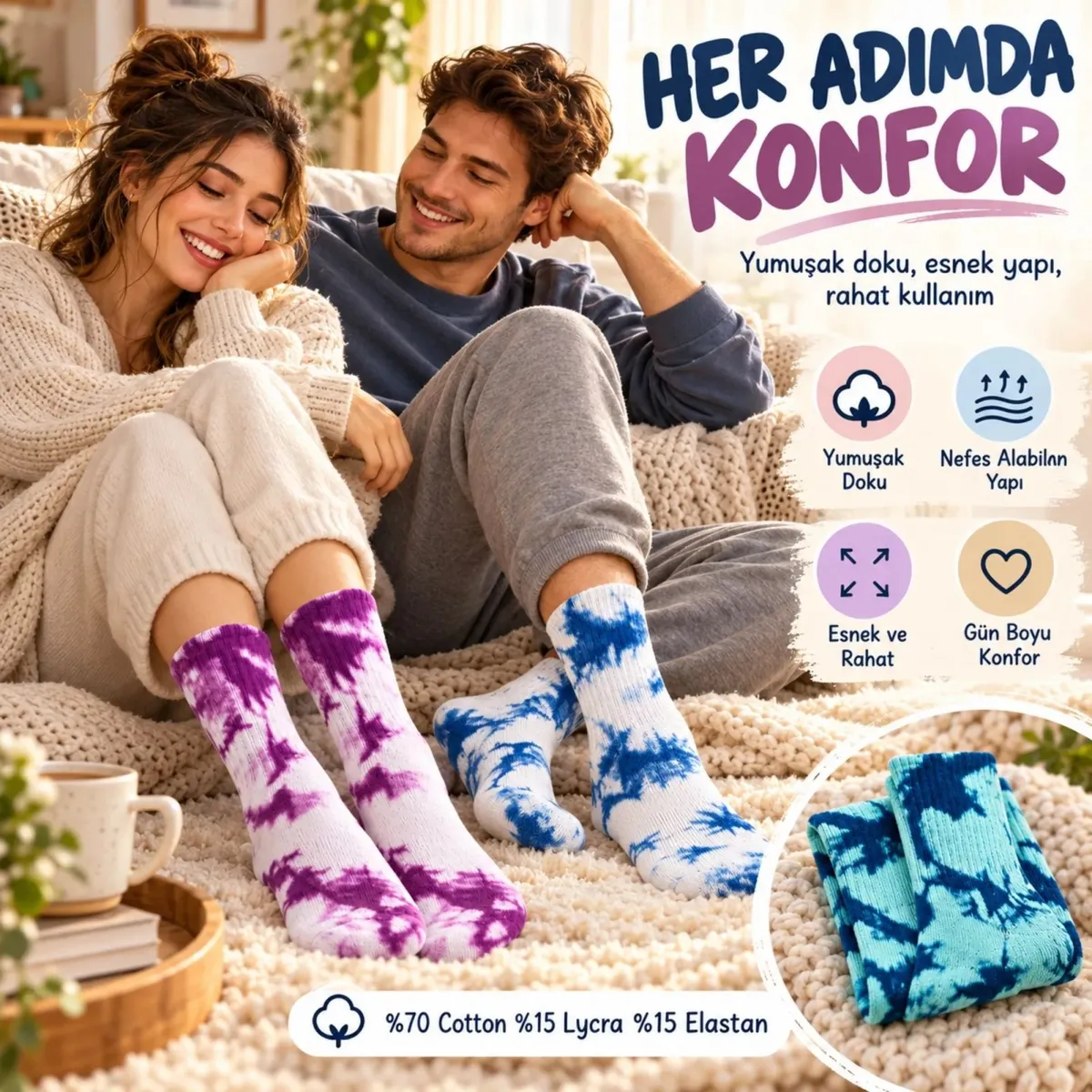 Unisex Batik Desenli Çorap 3'lü Set Pamuklu Renkli Uzun Soket Dikişsiz Nefes Alan Spor Çorabı Günlük görseli