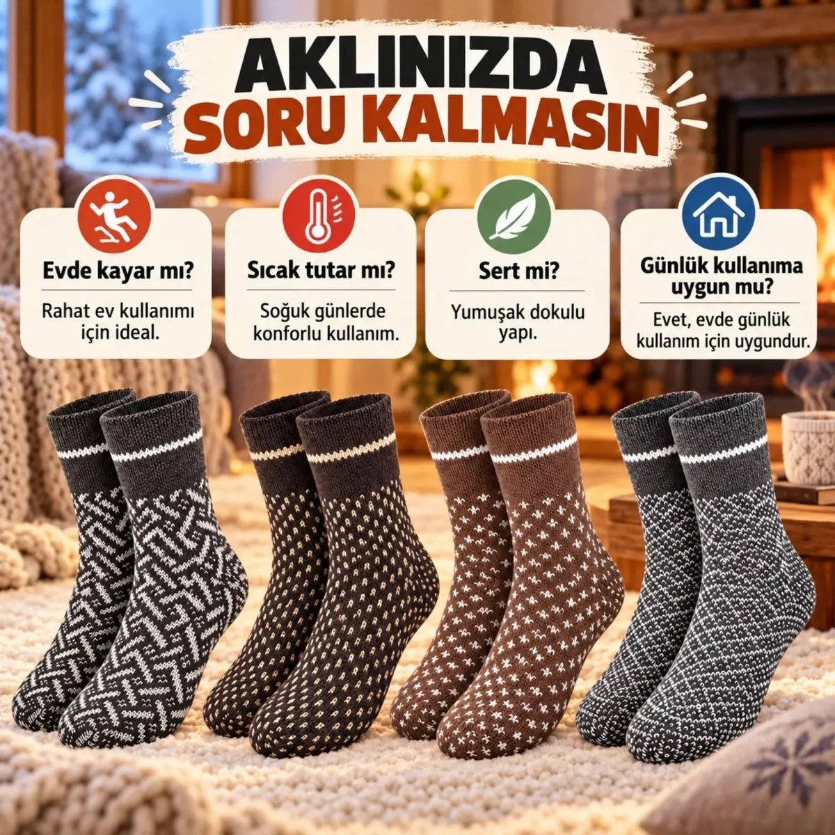 Erkek Kışlık Desenli Çorap 4'lü Seti Sıcak Tutan Yumuşak Rahat Günlük Renkli Uzun Soket Çorap Paketi görseli