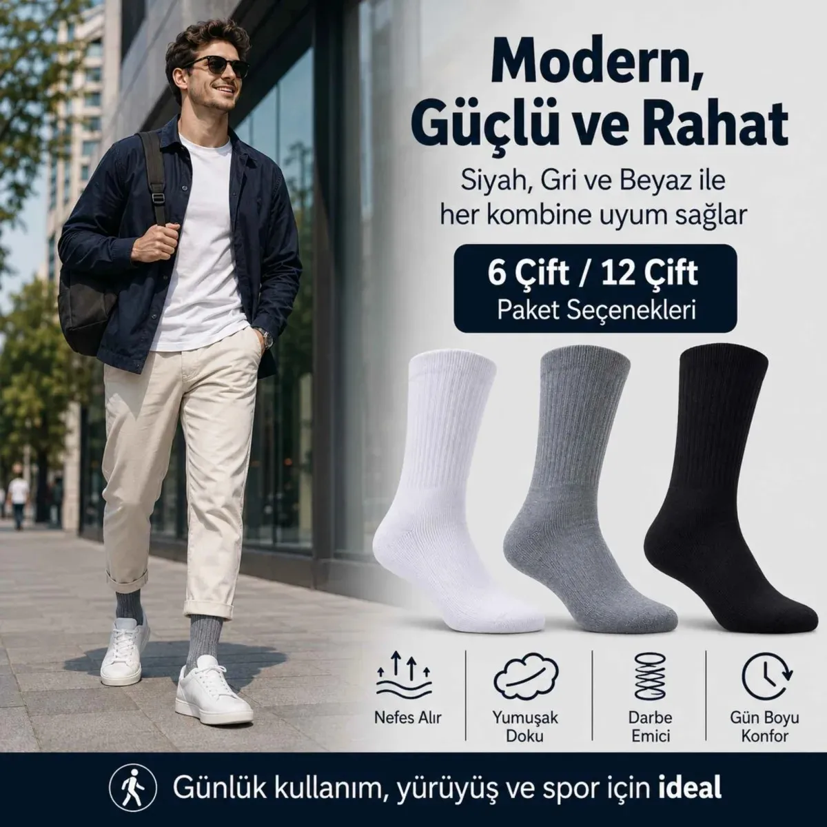 Erkek Spor Çorap 6'lı | Penye Pamuklu Havlu Tabanlı Uzun Konç, Dikişsiz Burun, Siyah Gri Beyaz görseli