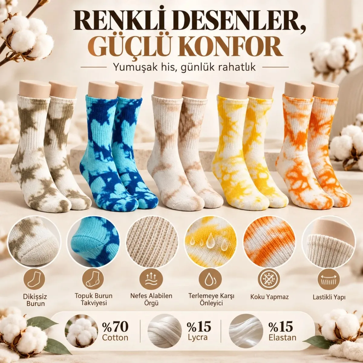 Turkuaz Sarı Turuncu Unisex Batik Desenli Çorap 5'li Set Pamuklu Renkli Uzun Soket Dikişsiz Nefes Alan Günlük Spor Çorabı görseli