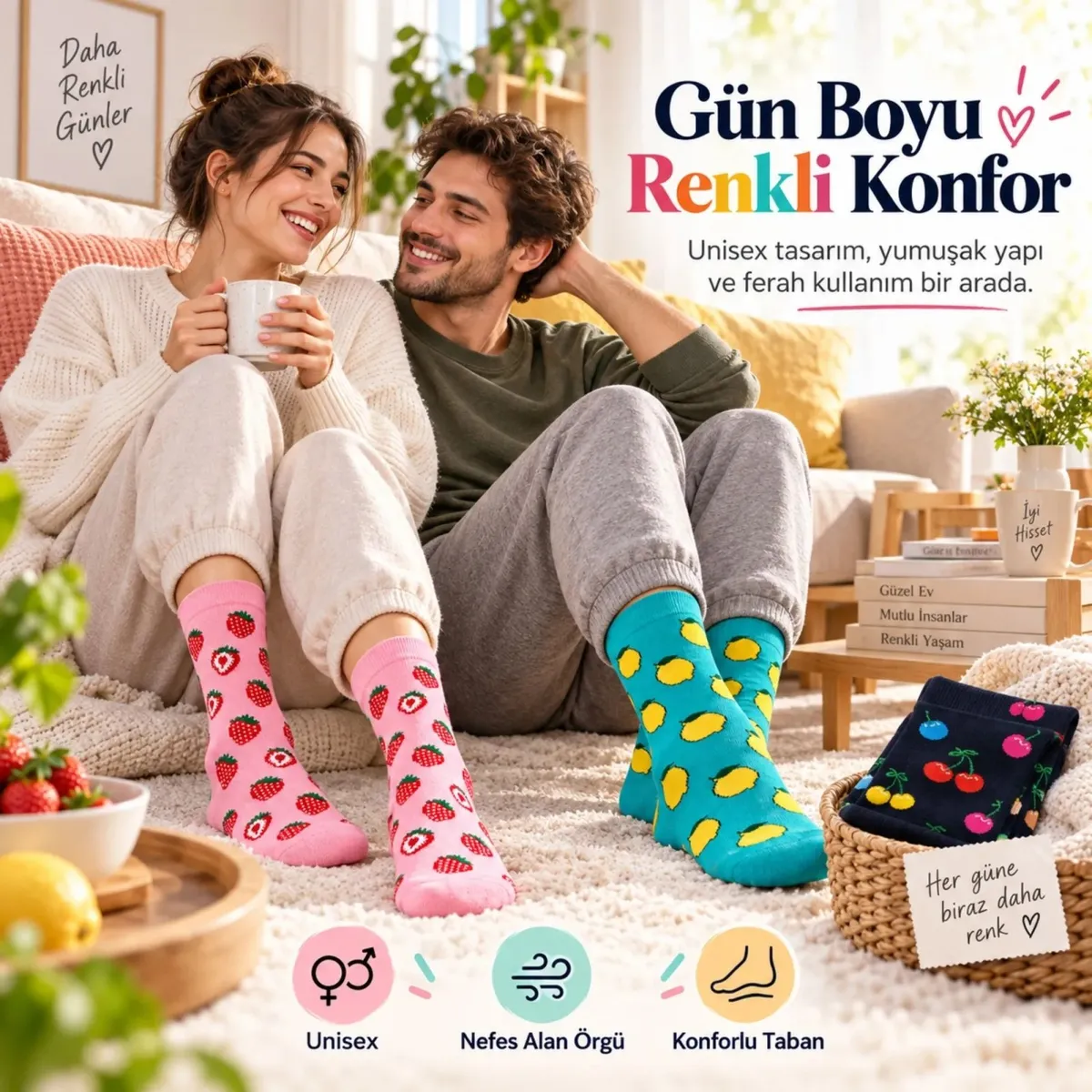Kadın Ve Erkek Çorap Meyve Desenli Renkli 3'lü Set Uzun Soket Günlük Rahat Çorap Seti görseli