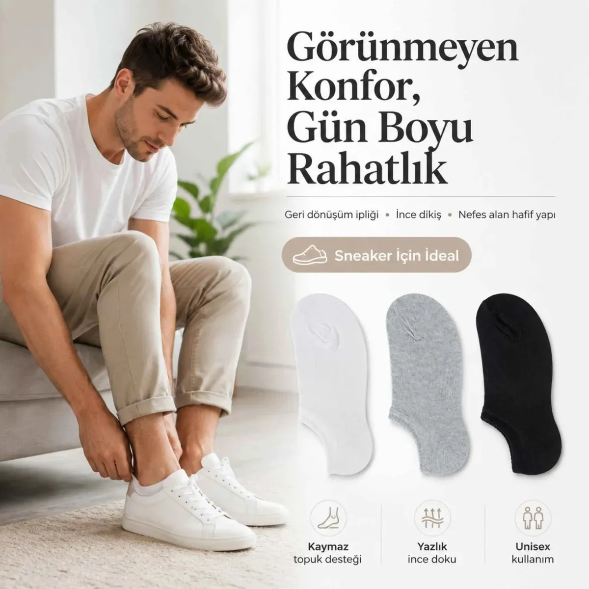 Erkek Görünmez Sneaker Babet Çorap 6'lı | Geri Dönüşüm İplikli, Kaymaz Topuk, Siyah Gri Beyaz görseli