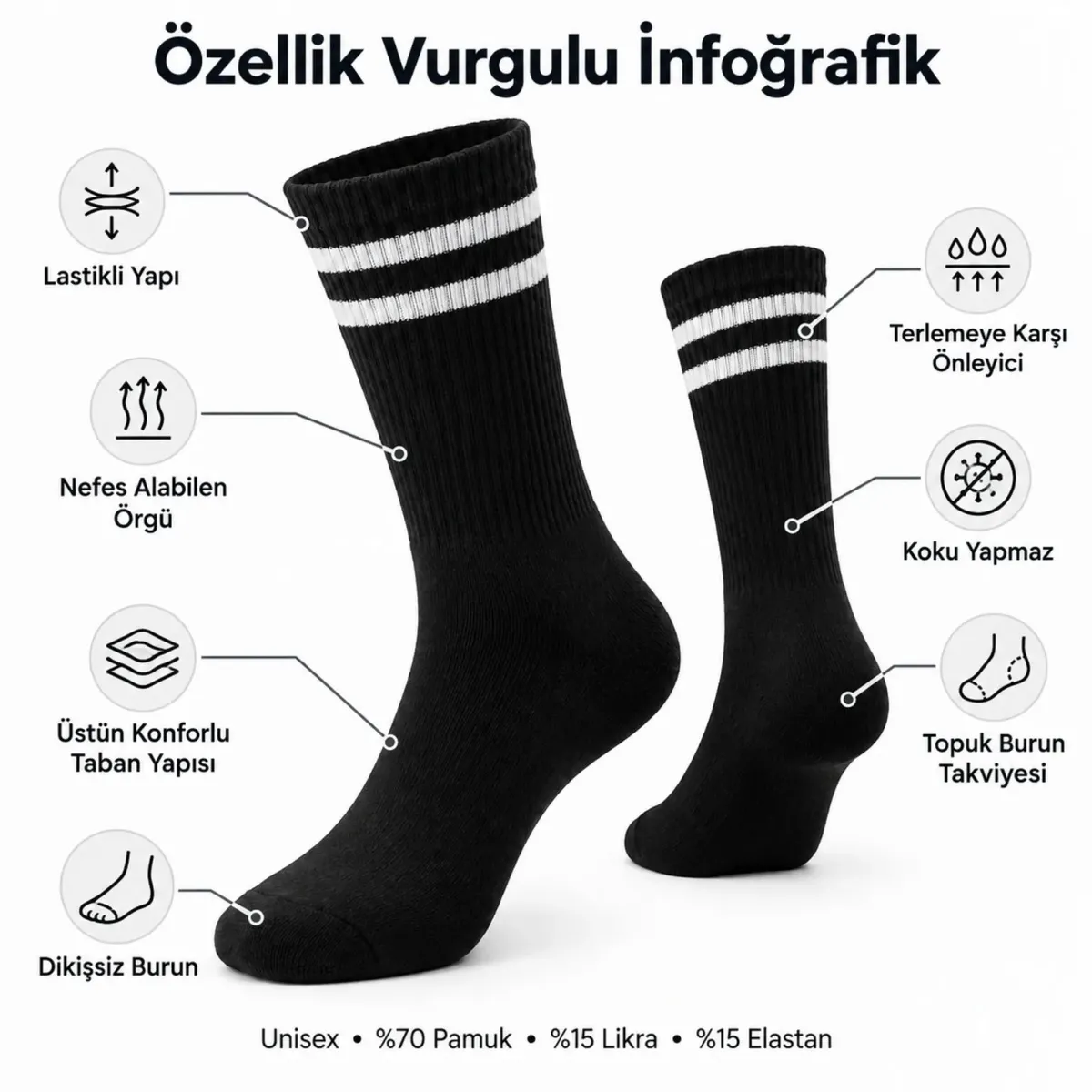 Siyah Çorap Beyaz Çizgili 3'lü Set Unisex Uzun Soket Günlük Spor Rahat Kolej Stil Çorap Seti görseli