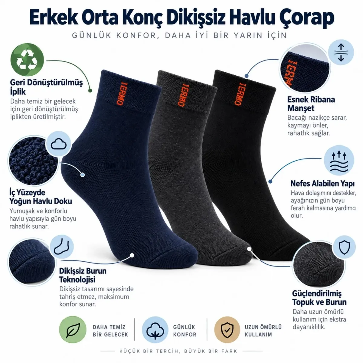 Erkek Çorap 6'lı Dikişsiz Havlu | Orta Konç, Sıcak Tutan, Yumuşak ve Dayanıklı görseli