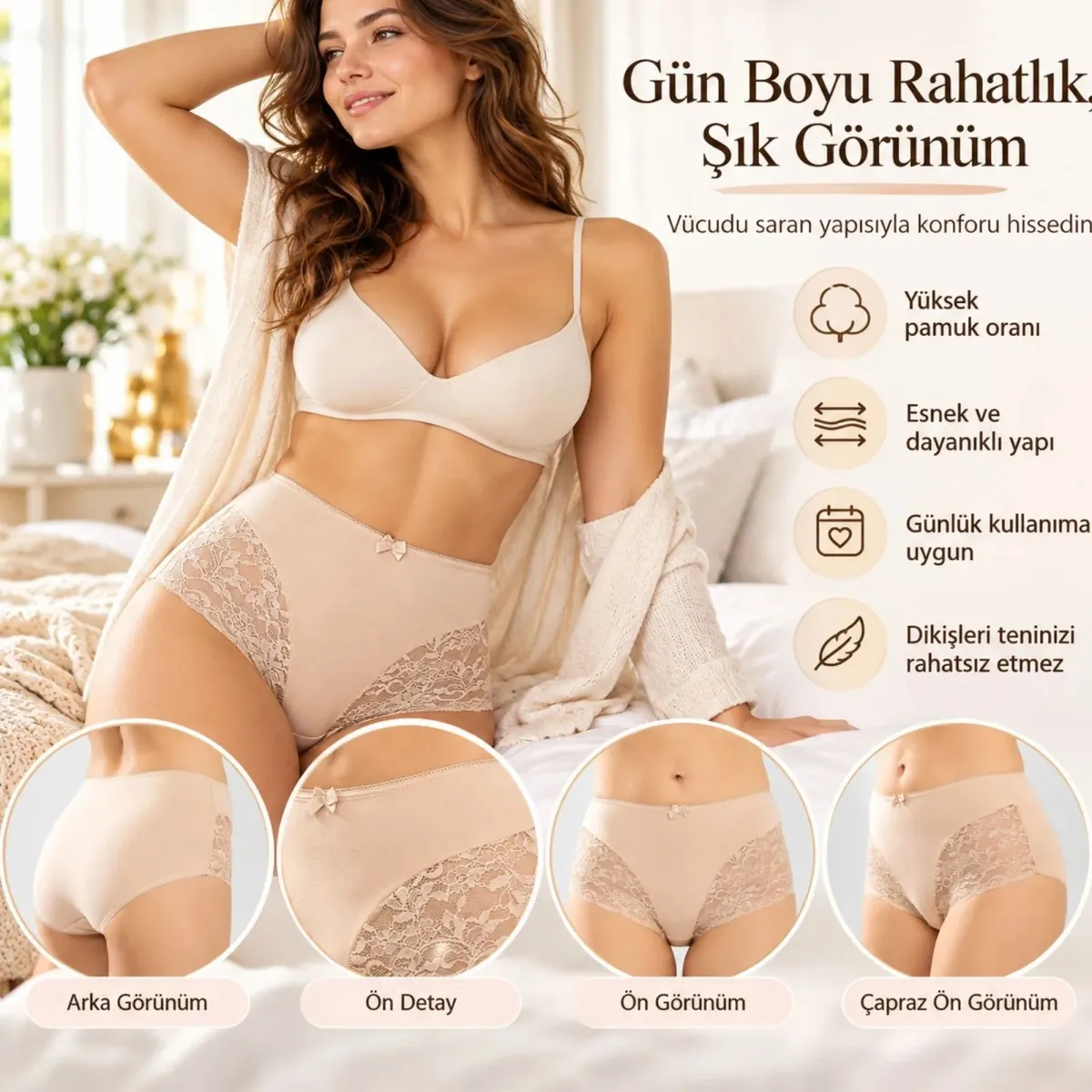 Kadın Pamuklu Yüksek Bel Güpürlü Bato Külot Siyah Ten | Yanları Dantelli Günlük ve Rahat İç Çamaşırı görseli