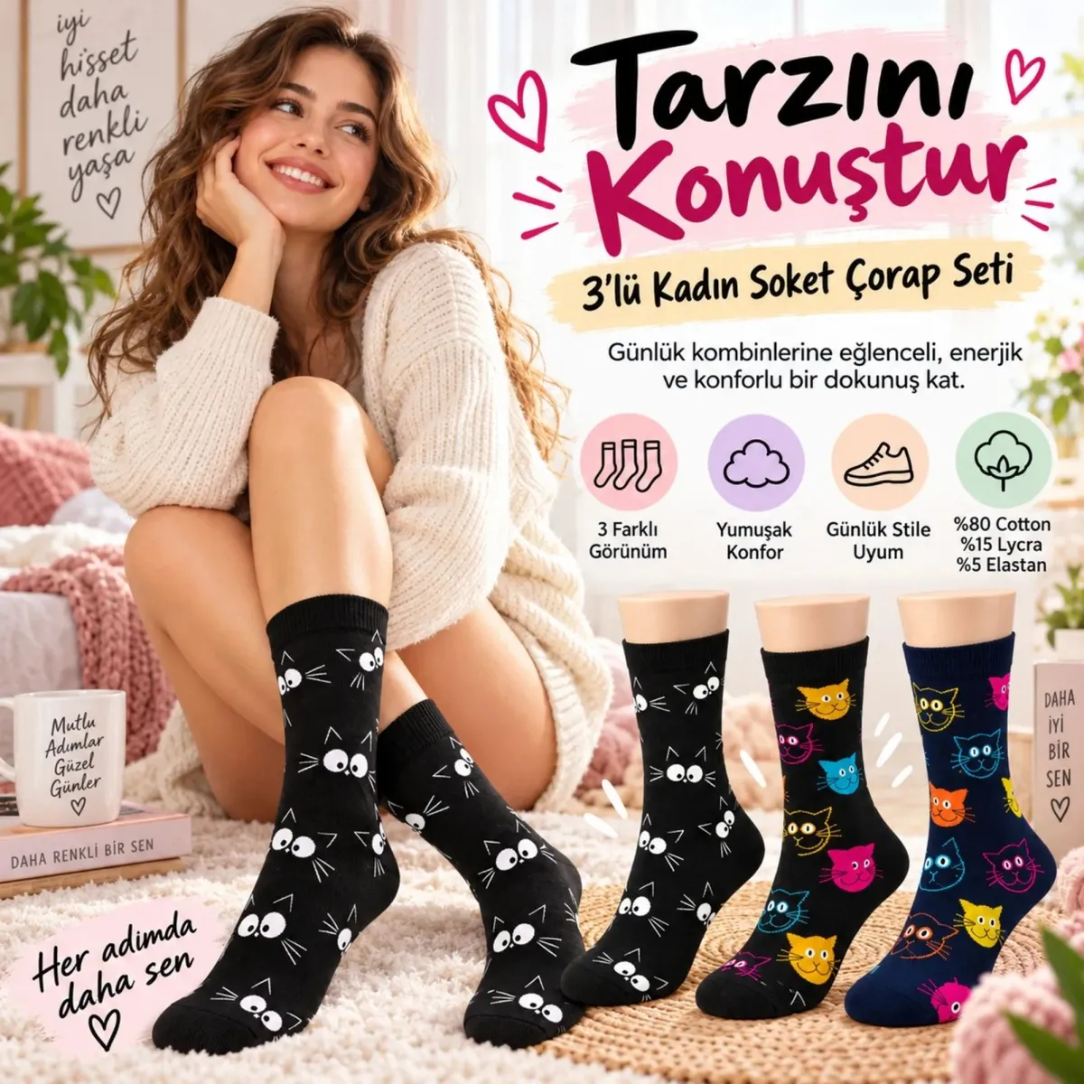 Unisex Kedi Desenli Çorap 3'lü Set Pamuklu Renkli Uzun Soket Dikişsiz Nefes Alan Rahat Günlük Çorap görseli