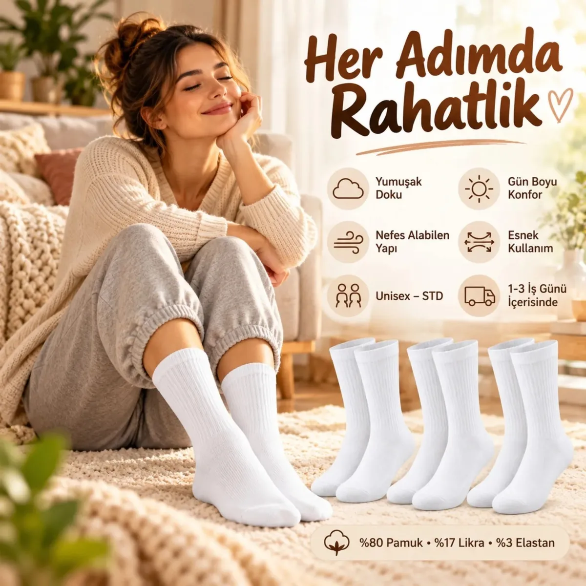 Unisex Beyaz Soket Çorap %80 Pamuk 12'li Set Dikişsiz Burun Takviyeli Esnek Günlük Spor Çorabı Rahat görseli