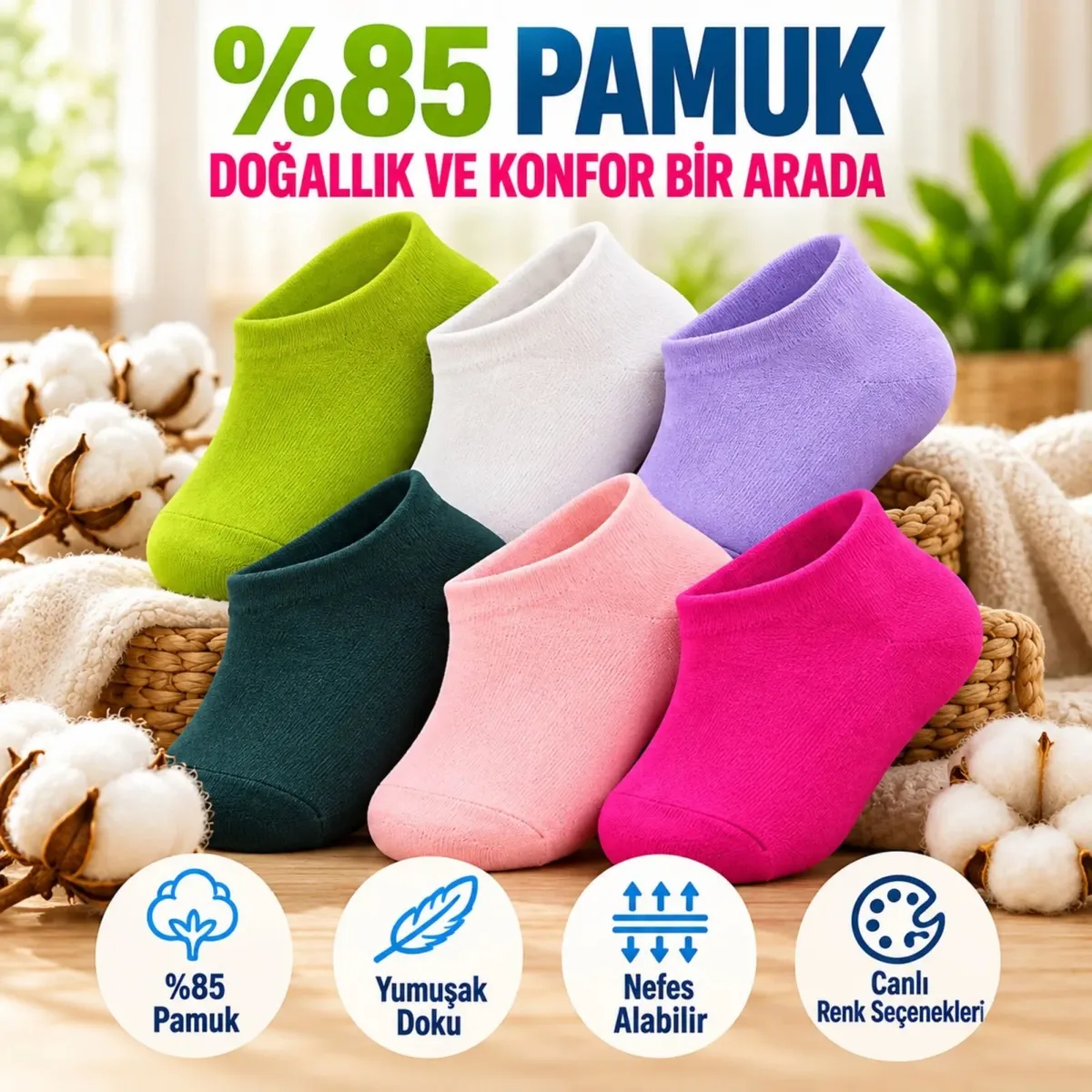 Kadın Yıkamalı Dikişsiz Patik Çorap 6'lı Kutulu Set | Renkli Kısa Sneaker Çorabı Hediyelik Paket Şık görseli