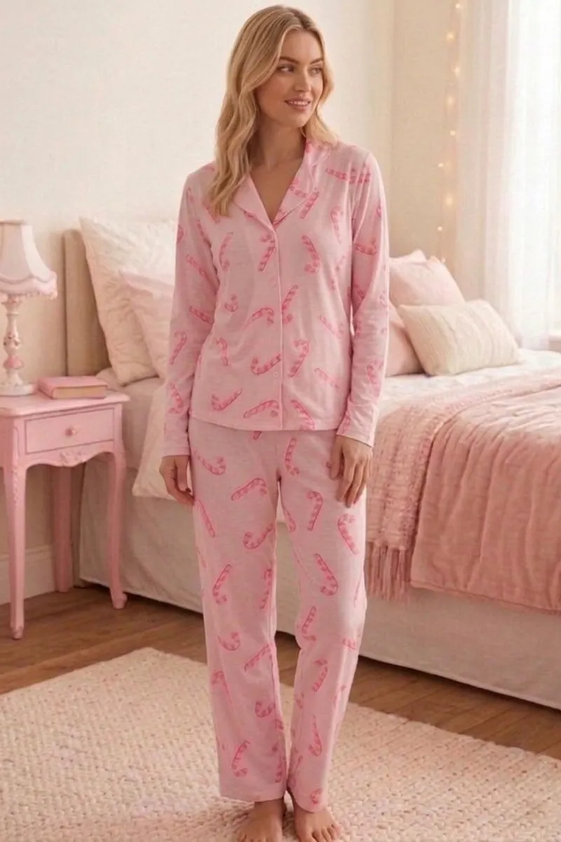 Baston Şeker Desenli Uzun Kollu Pijama Takımı 4601 -Pembe görseli