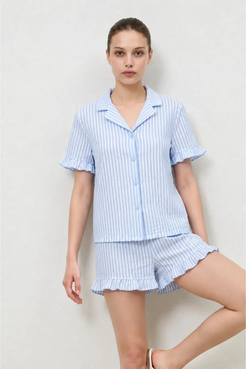 Kadın Premium Fırfırlı Mavi Pijama Takımı görseli