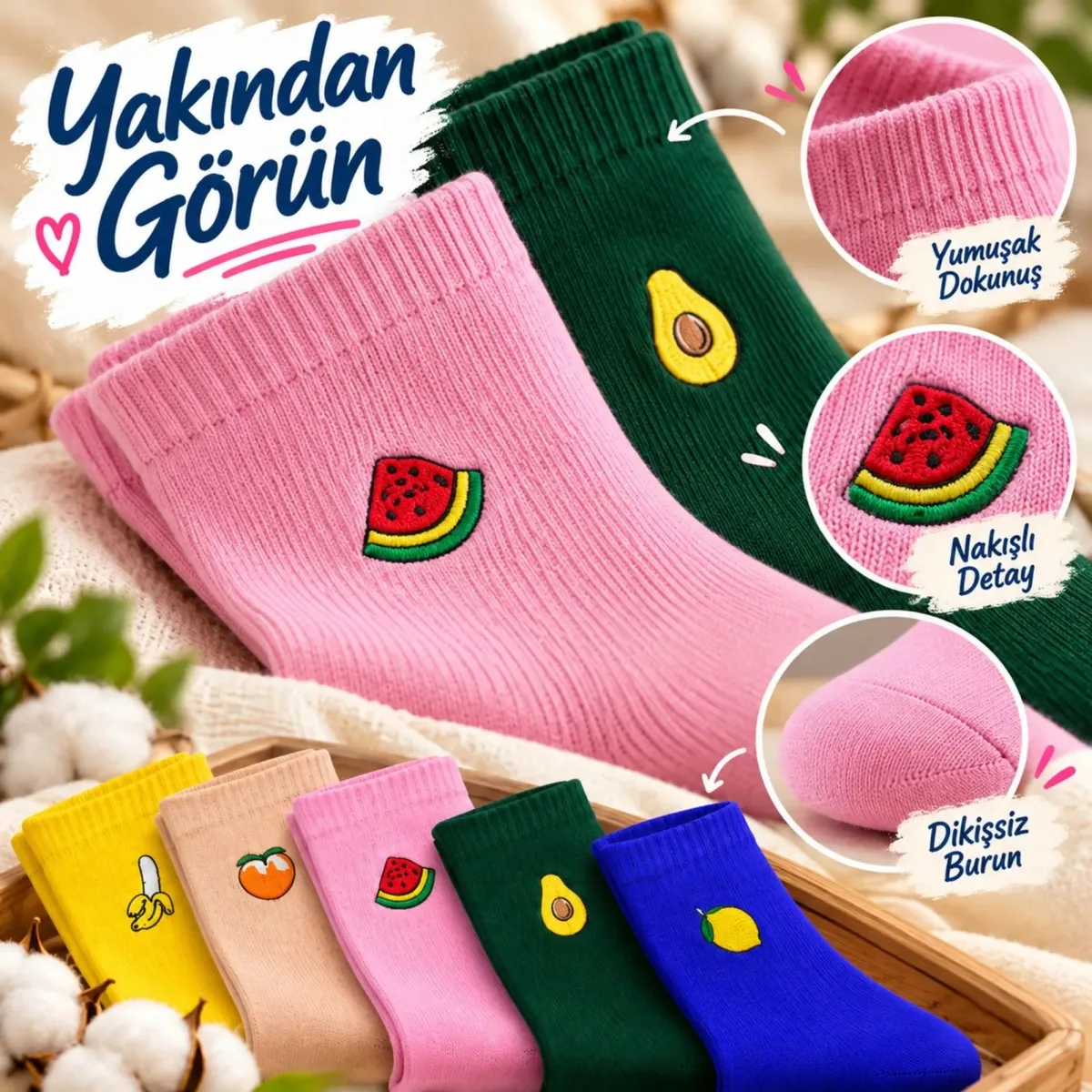 Kadın Meyve Nakışlı Renkli Soket Çorap 5'li Set | Muz Karpuz Avokado Limon Desenli Günlük Şık Çorap! görseli