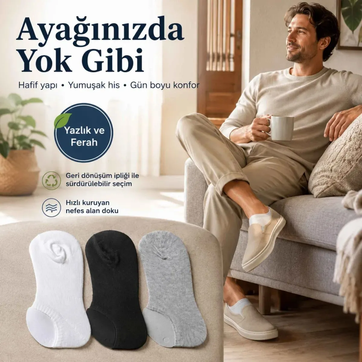 Erkek Görünmez Sneaker Babet Çorap 6'lı | Geri Dönüşüm İplikli, Kaymaz Topuk, Siyah Gri Beyaz görseli