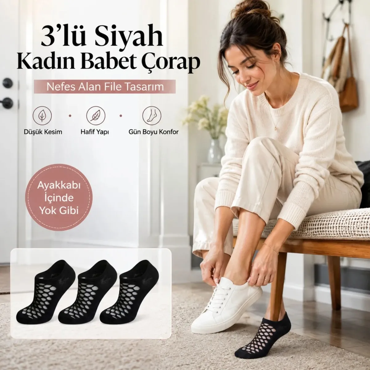 Kadın Siyah 6’lı File Babet Çorap Düşük Kesim İnce Esnek Nefes Alan Ekonomik Çorap Seti görseli