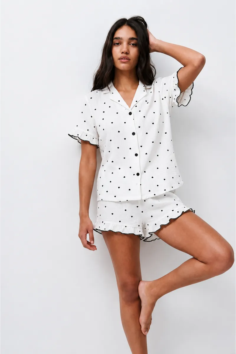 Kadın Desenli Trend Beyaz Pijama Takımı görseli