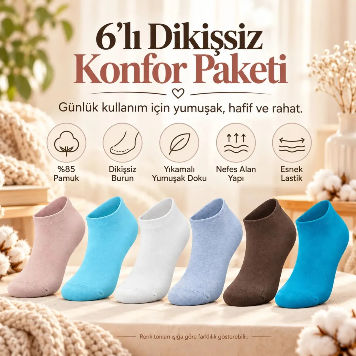 Kadın Yıkamalı Dikişsiz Patik Çorap 6'lı Kutulu Set | Renkli Günlük Sneaker Çorabı Hediyelik Paketi! görseli