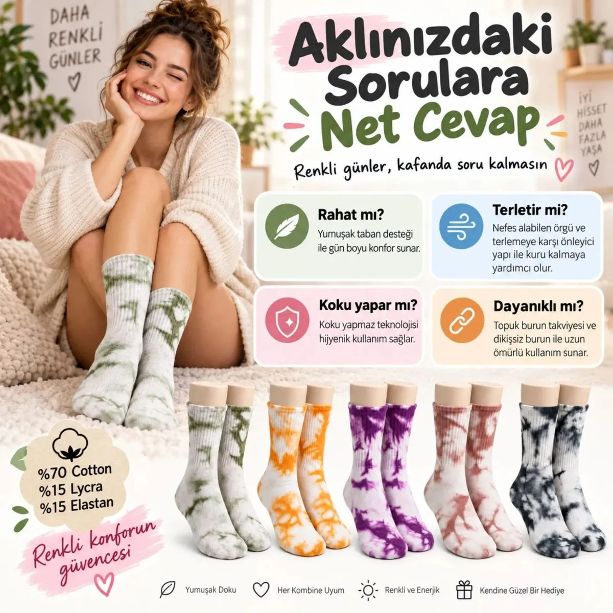 Unisex Batik Desenli Çorap 10'lu Renkli Pamuklu Uzun Soket Dikişsiz Nefes Alan Günlük Spor Çorabı görseli