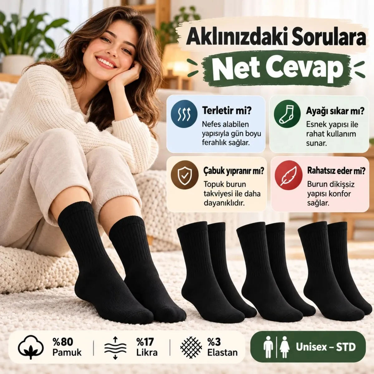Unisex Siyah Soket Çorap 3'lü Set Düz Basic Ribanalı Günlük Spor Esnek Rahat Uzun Çorap Konforlu Set görseli