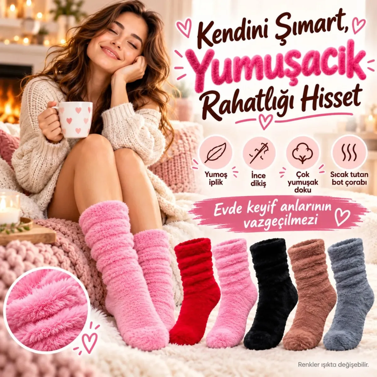 Kadın 3'lü Peluş Bot Çorap Seti | Kırmızı Pembe Siyah Yumuşacık Tüylü Büzgülü Rahat Kışlık Ev Çorabı görseli