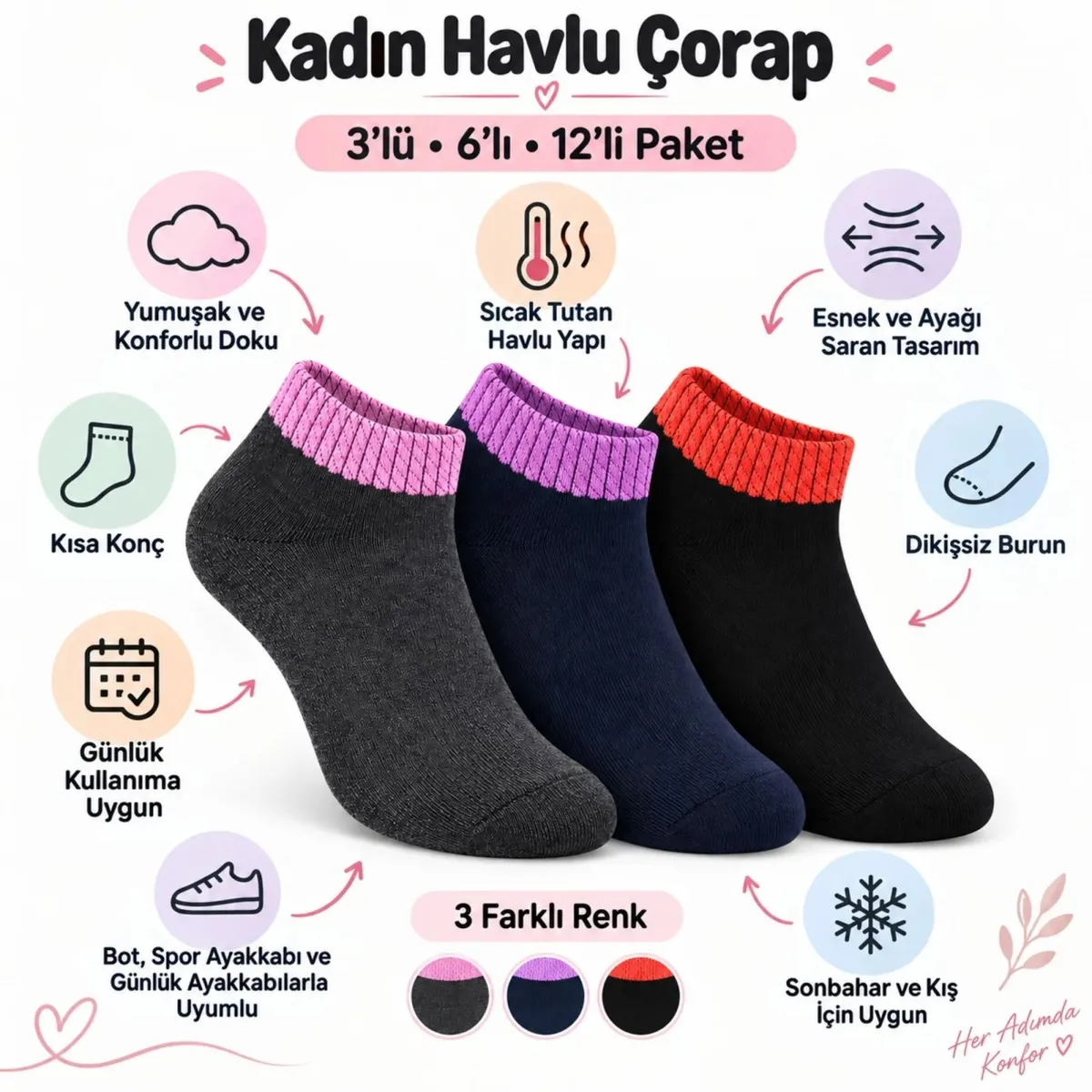 Kadın Havlu 3'lü Çorap Kısa Konç Dikişsiz Burun Sıcak Tutan Yumuşak Kışlık Çorap Seti görseli