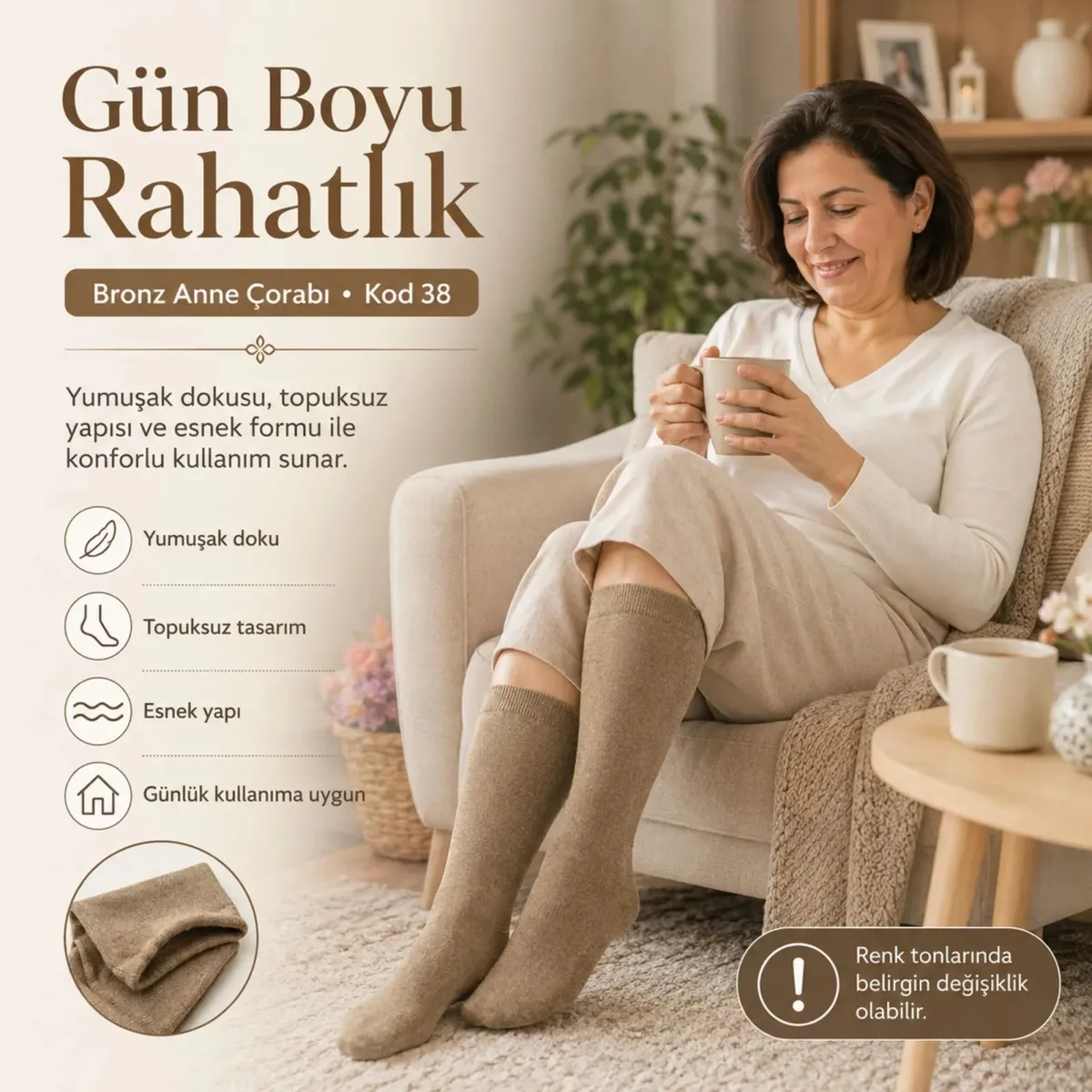 Kadın 40 Denye İnce Anne Çorabı 6'lı | Dizaltı Topuksuz Esnek, Ten Siyah Bronz Vizon görseli