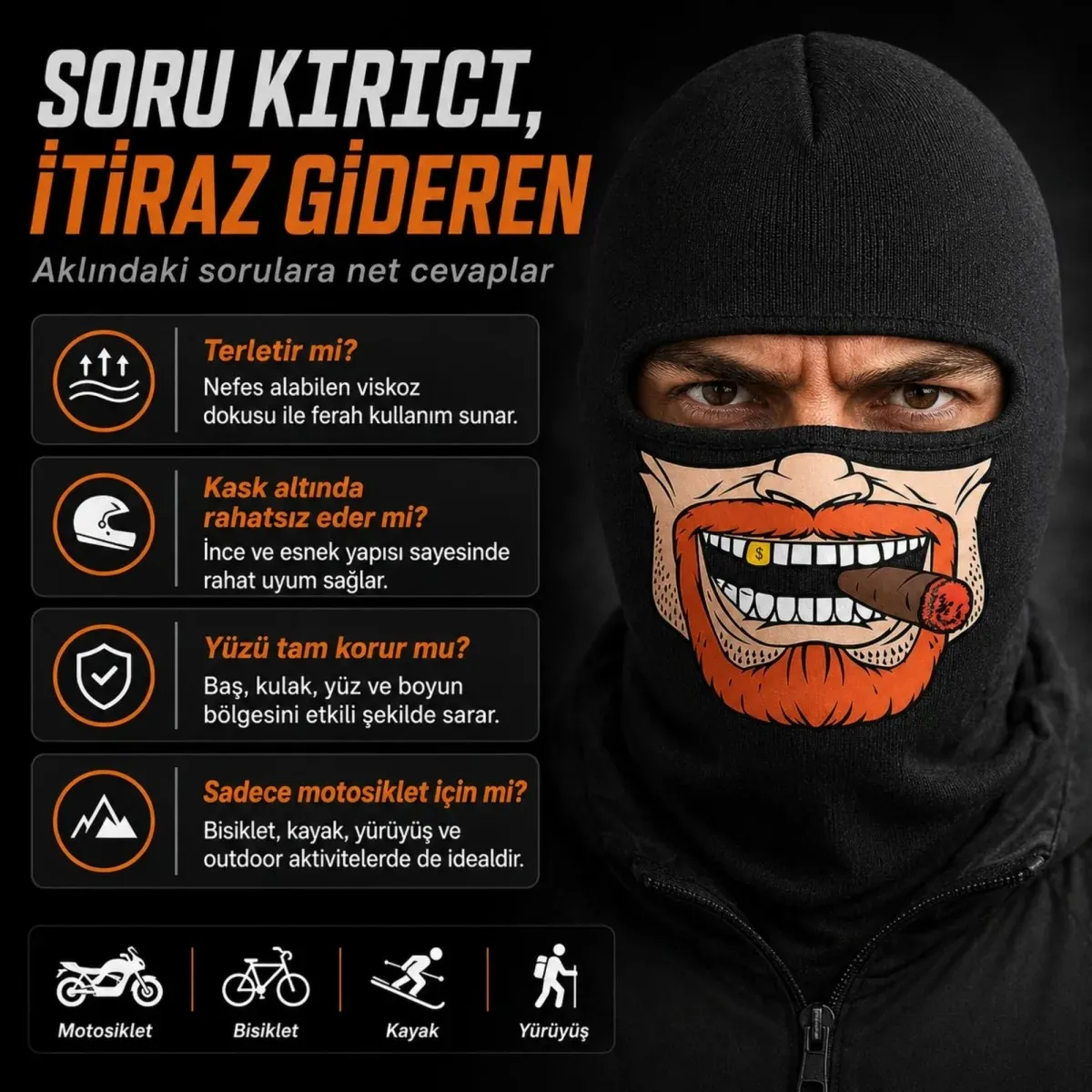 Unisex Sakallı Puro Baskılı Balaklava 1 Adet Tek Beden Viskoz Kask İçi Outdoor Maske görseli