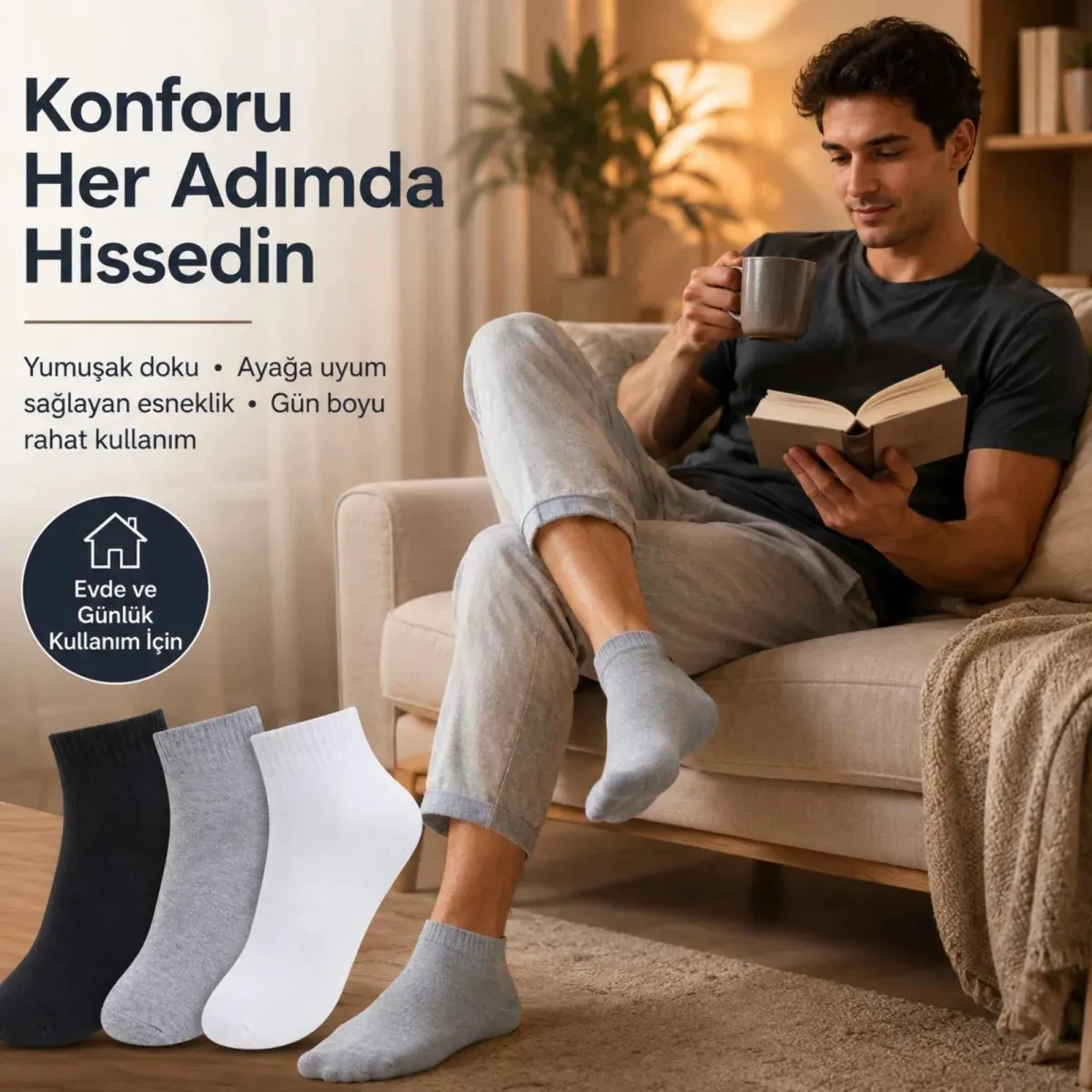 Erkek Kısa Konç Çorap 12'li | %80 Pamuklu Dikişsiz Burun, Nefes Alan, Siyah Gri Beyaz görseli