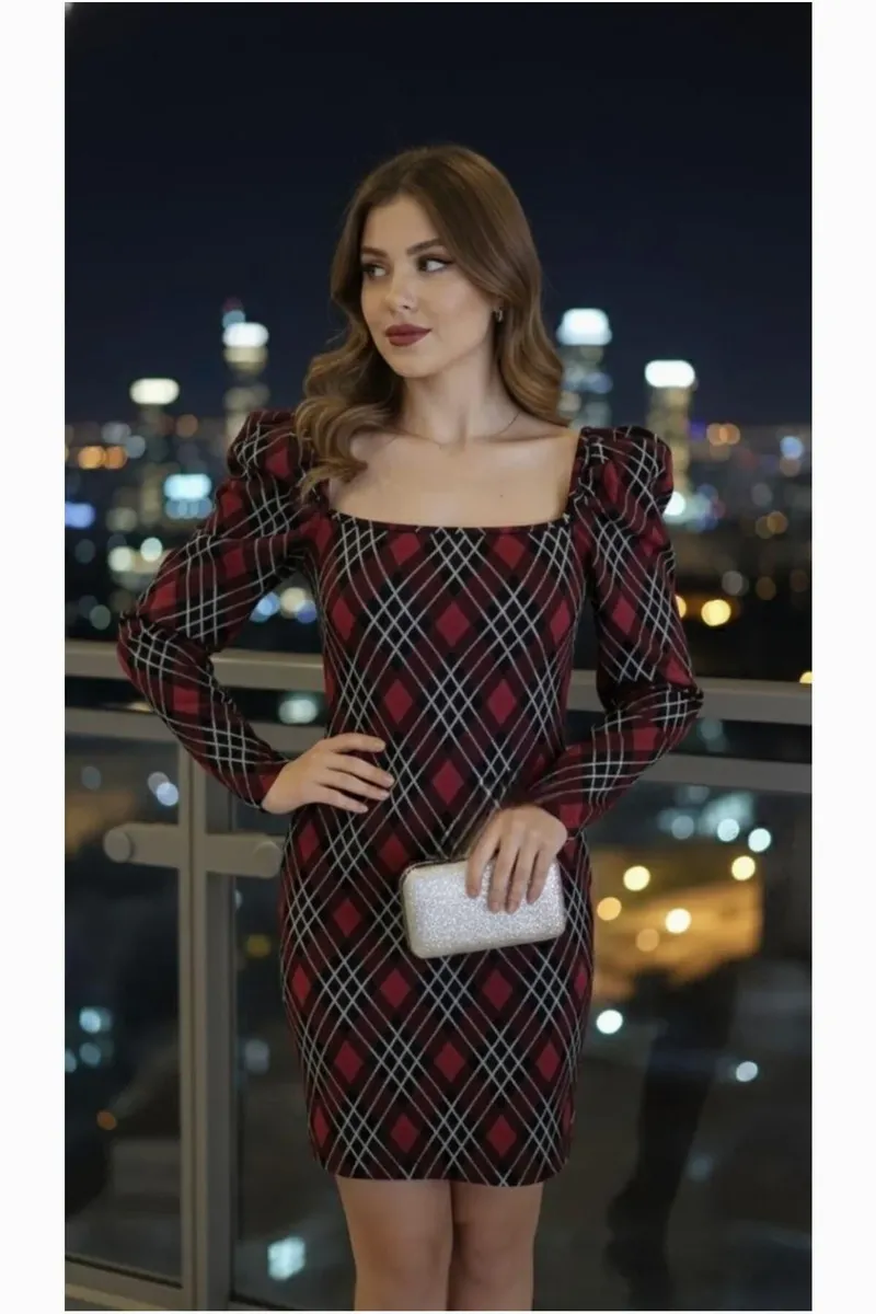 Kare Elbise Yaka Kollu Uzun