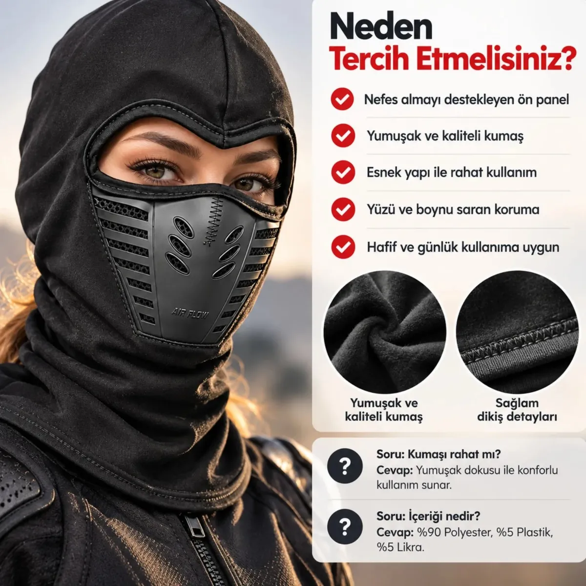 Siyah Balaklava Kar Maskesi | Air Flow Hava Kanallı Yüz Maskeli Tam Kafa Boyunluk Motorcu ve Outdoor