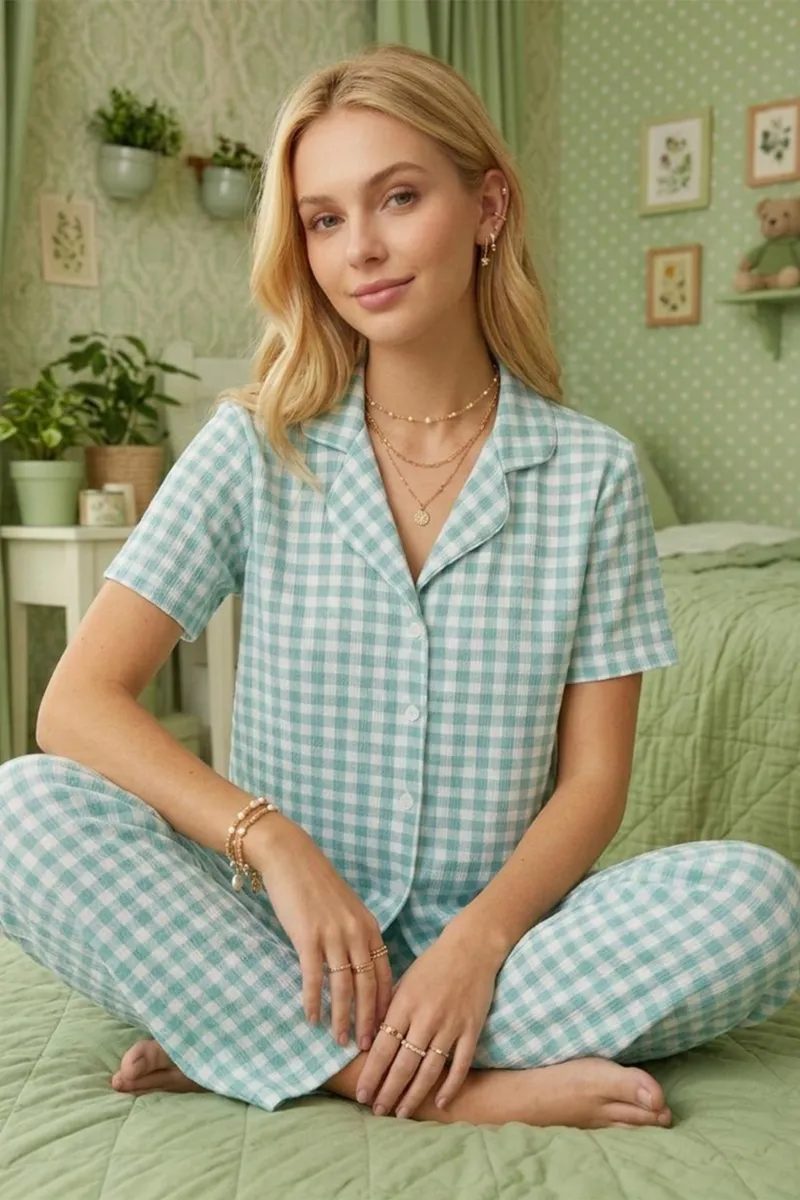 Kare Desenli Bürümçük kumaş Kısa Kollu Pijama Takımı 6065 Su Yeşili görseli