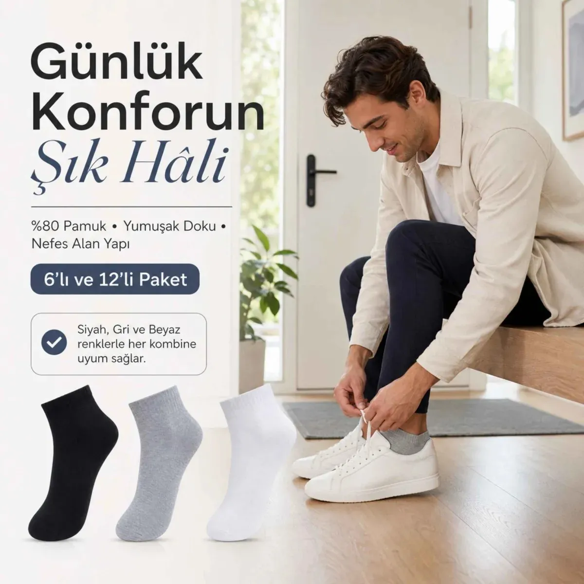 Erkek Kısa Konç Çorap 6'lı | %80 Pamuklu Dikişsiz Burun, Nefes Alan, Siyah Gri Beyaz görseli