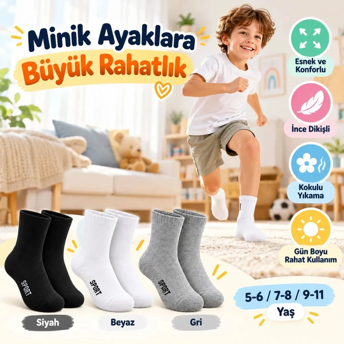 Çocuk Spor Çorap 3'lü Set Siyah Beyaz Gri İnce Dikişli Kokulu Yıkama Yumuşak Esnek Günlük Çorap Seti görseli