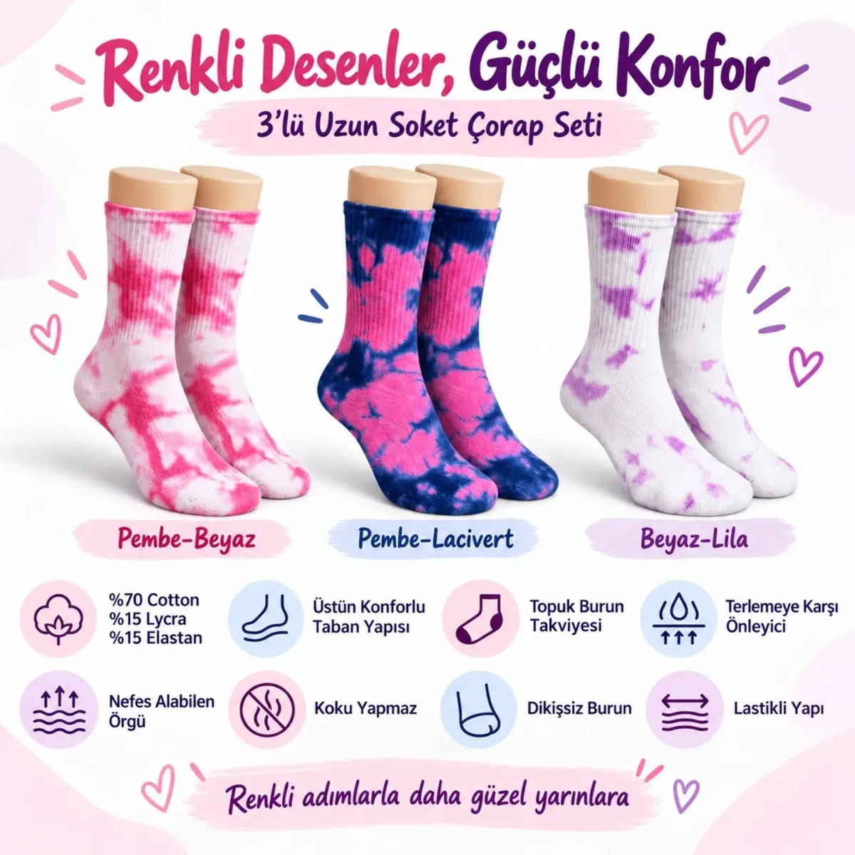 Unisex Batik Desenli Çorap 3'lü Set Pamuklu Renkli Uzun Soket Dikişsiz Nefes Alan Günlük Spor Çorabı Pembe-Beyaz-Mor-Lacivert görseli