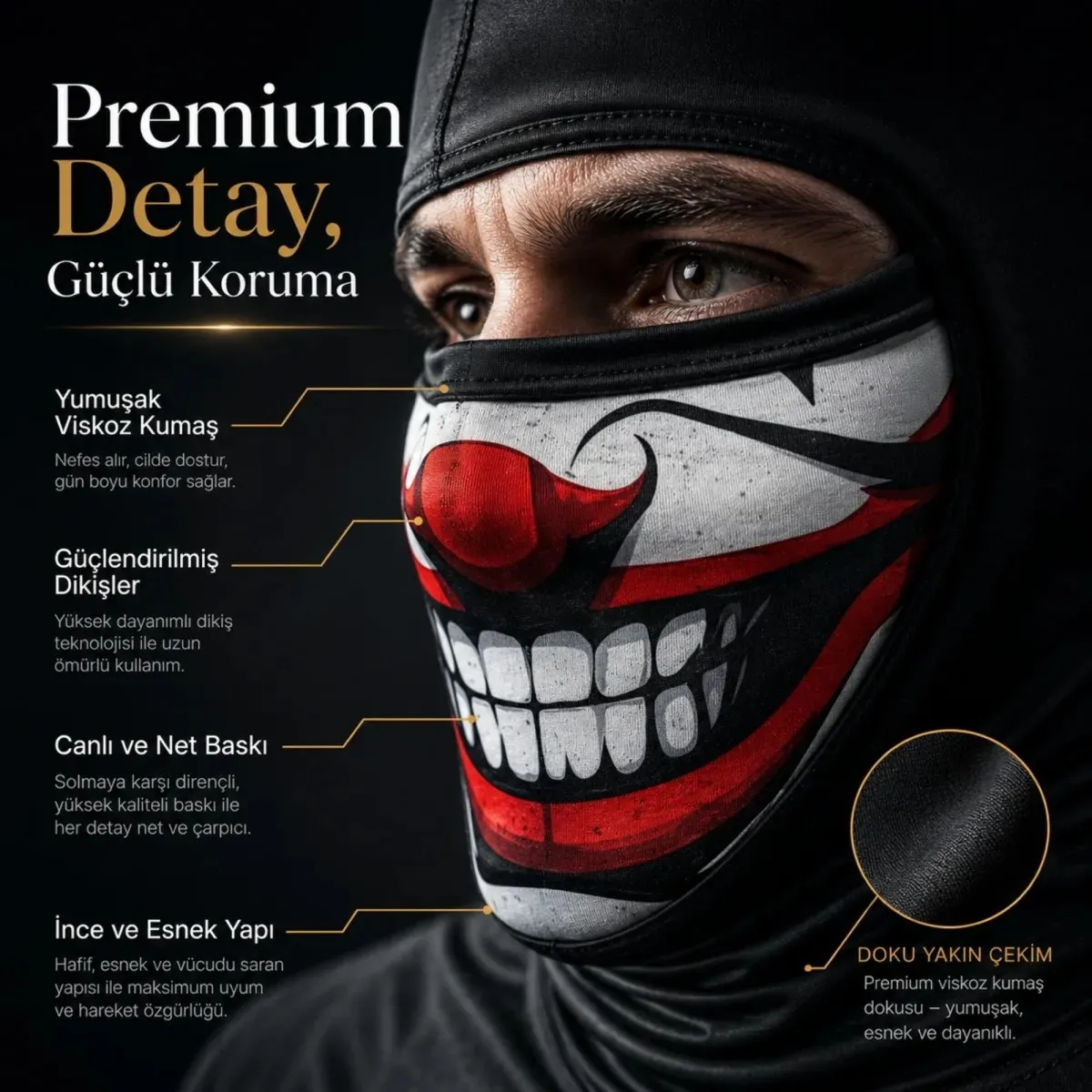 Unisex Palyaço Baskılı Balaklava Maske 1 Adet Tek Beden Viskoz Kask İçi Outdoor Motosiklet Maskesi görseli