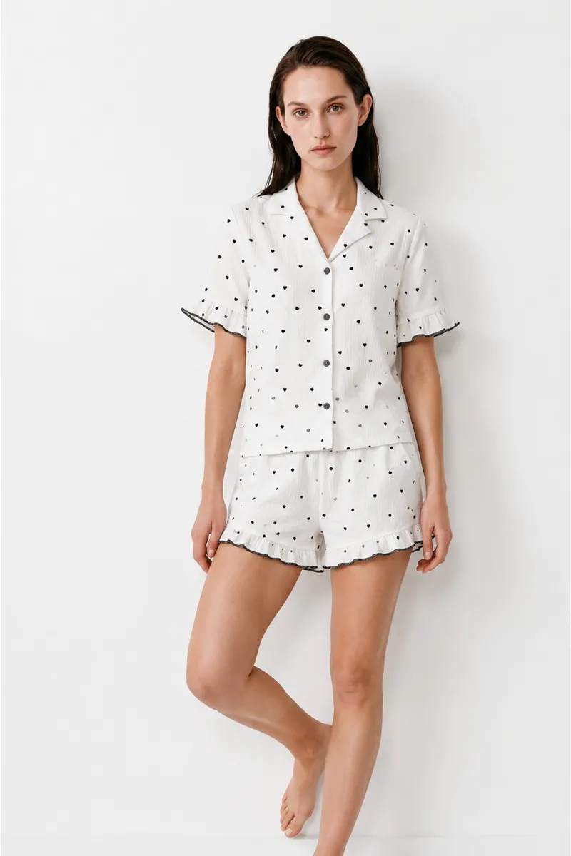 Kadın Relaxed Lastikli Beyaz Pijama Takımı görseli